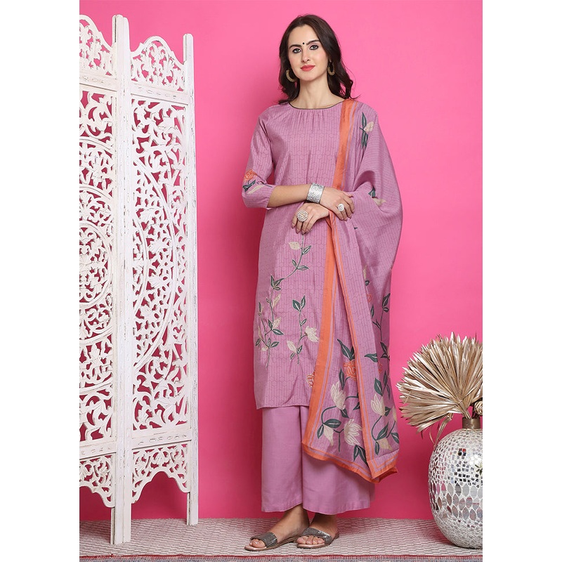 3 Pc Purple Semi Stitched Silk Suit Set - JD986615038