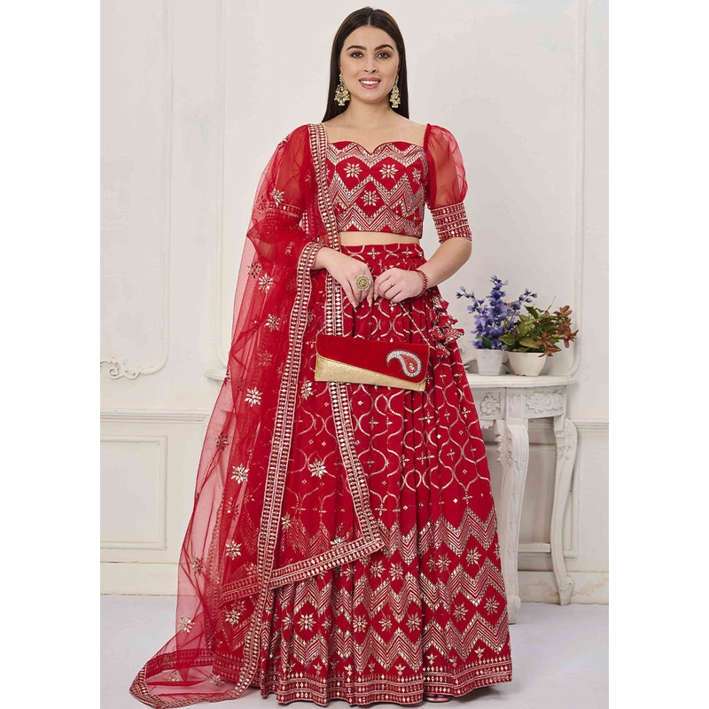 3 Pc Red Georgette Readymade Lehenga Set - JD986614969