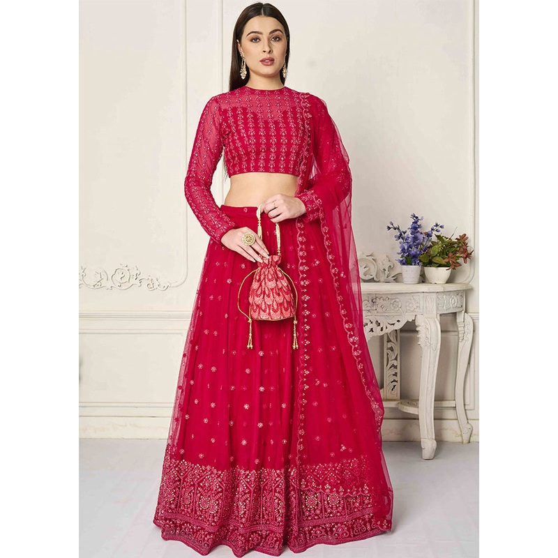 3 Pc Red Net Readymade Lehenga Set - JD986614968
