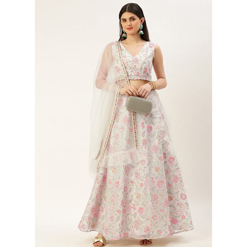 3 Pc White Net Readymade Lehenga Set - JD986614931
