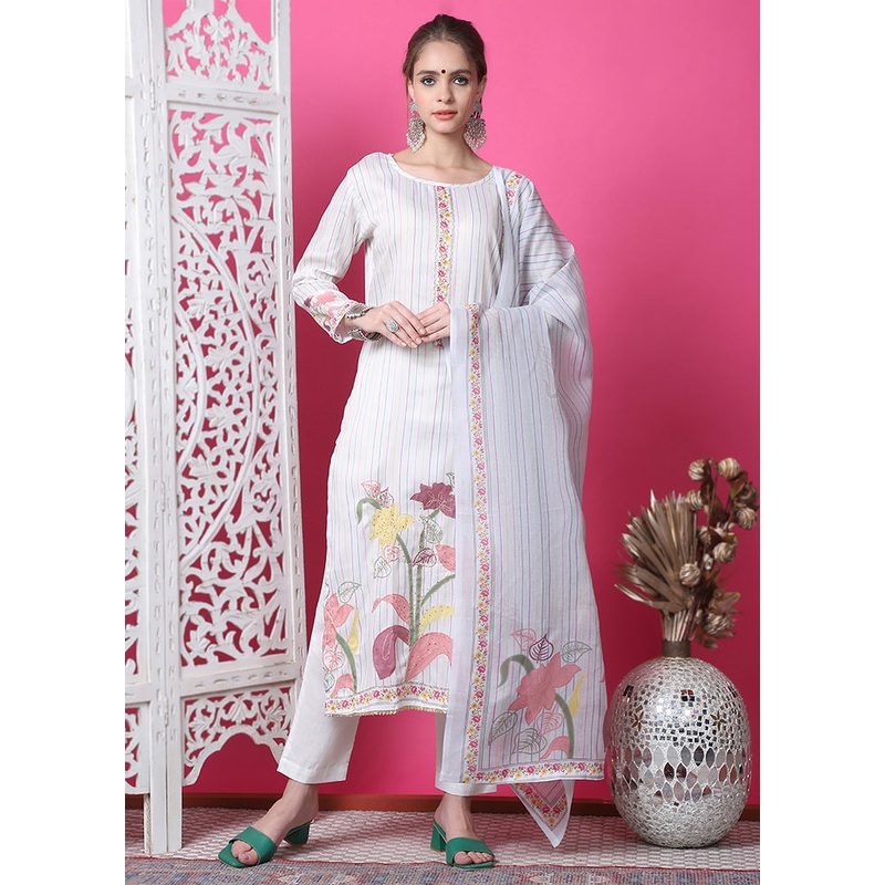 3 Pc White Semi Stitched Cotton Suit Set - JD986614953