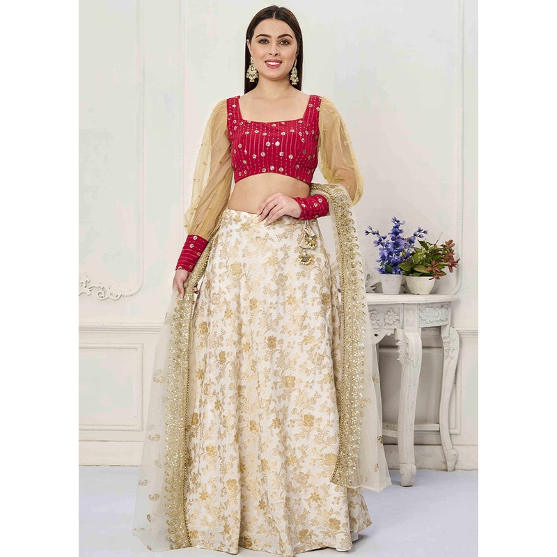 3 Pc White Silk Readymade Lehenga Set - JD986614930
