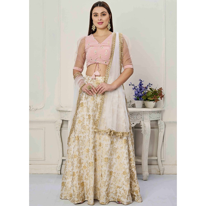 3 Pc White Silk Readymade Lehenga Set - JD986614966