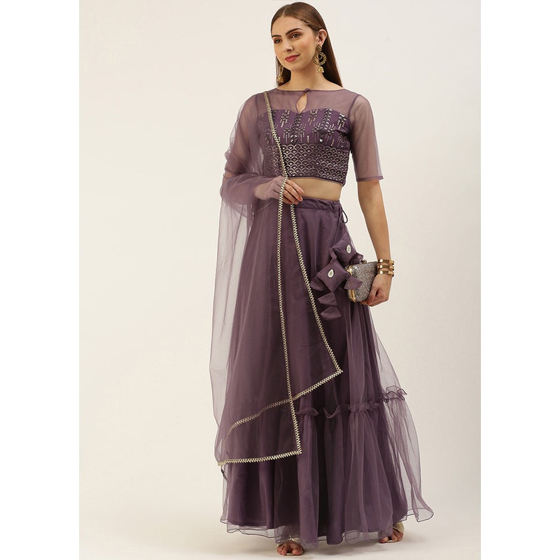 3 Pc Wine Net Readymade Lehenga Set - JD986614964