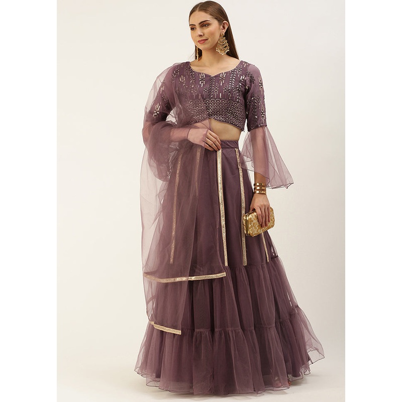 3 Pc Wine Net Readymade Lehenga Set - JD986614965