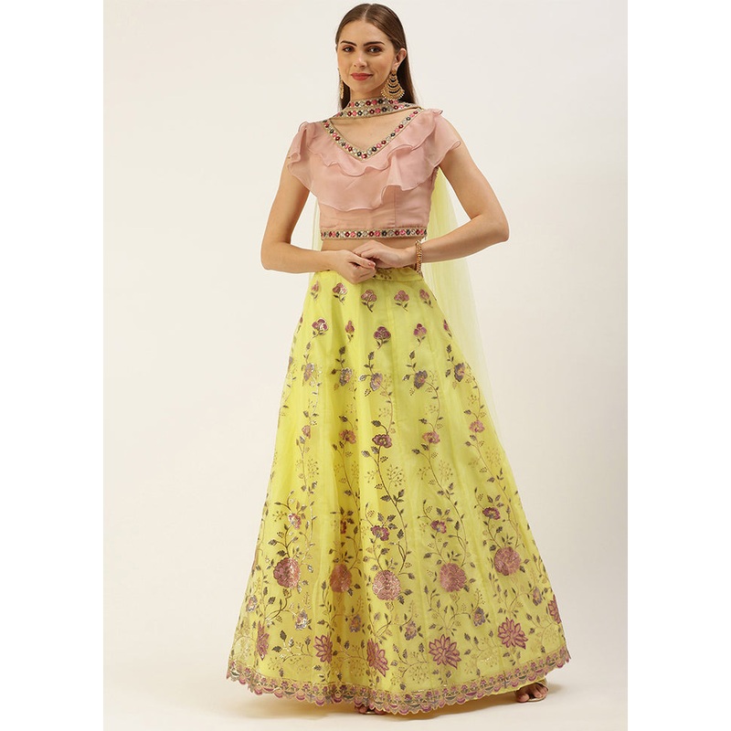 3 Pc Yellow Net Readymade Lehenga Set - JD986614960