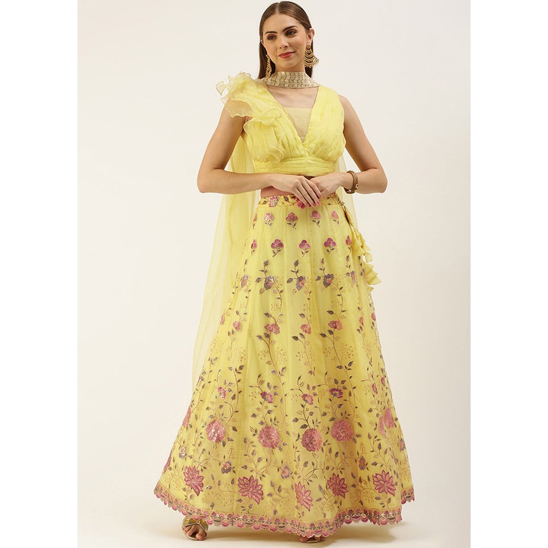3 Pc Yellow Net Readymade Lehenga Set - JD986614961