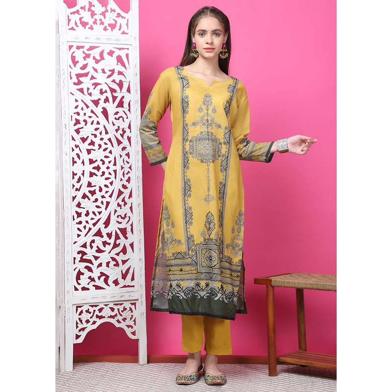 3 Pc Yellow Semi Stitched Cotton Suit Set - JD986614952