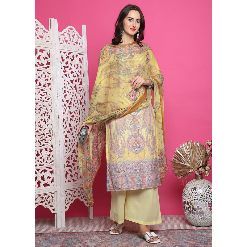 3 Pc Yellow Semi Stitched Silk Suit Set - JD986615036