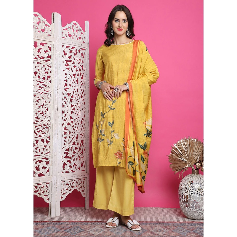 3 Pc Yellow Semi Stitched Silk Suit Set - JD986615037