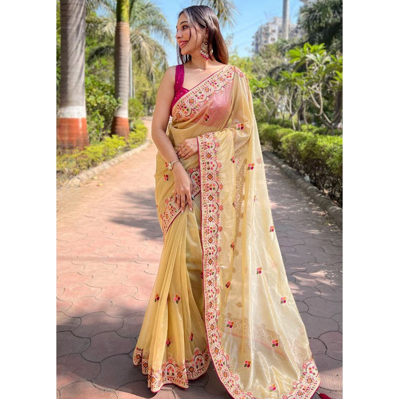 Beige Net Saree With Blouse Piece - JD986614922