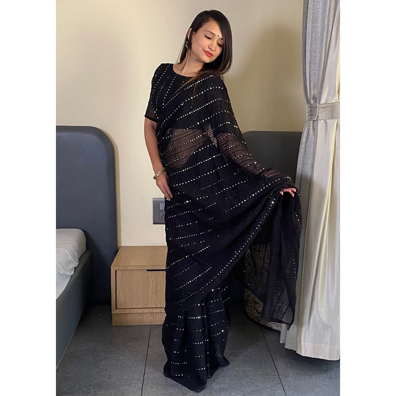 Black Georgette Saree With Blouse Piece - JD986614920