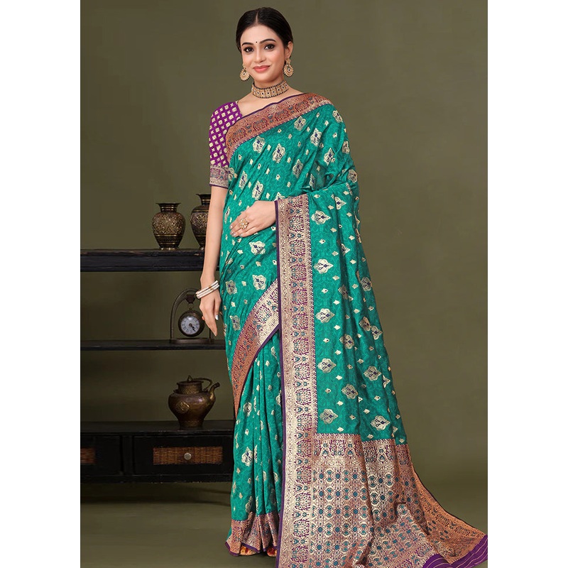 Blue Banarasi Silk Saree With Blouse Piece - JD986614919