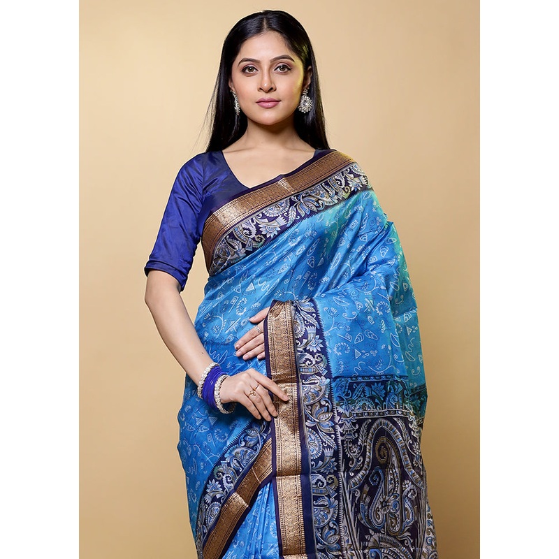 Blue Printed Pure Silk Saree Without Blouse Piece - JD986614928