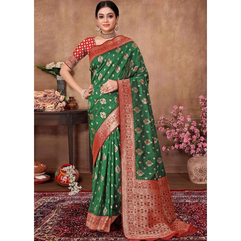 Green Banarasi Silk Saree With Blouse Piece - JD986614916