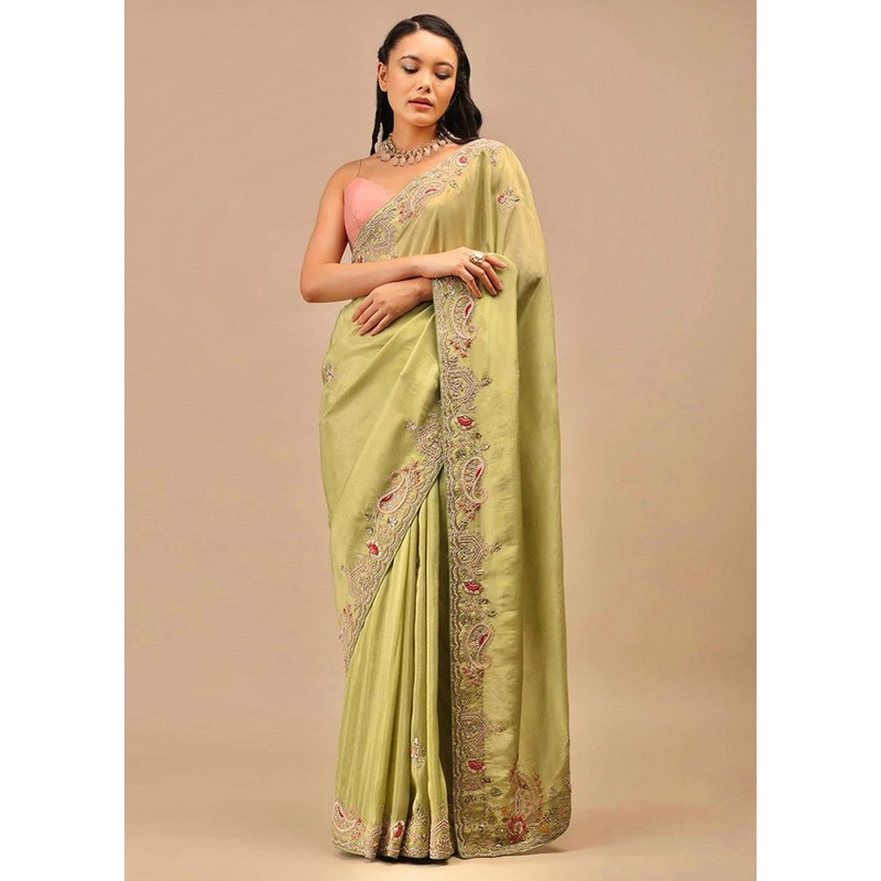Green Dupion Silk Saree With Blouse Piece - JD986614915