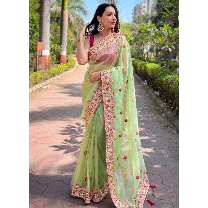 Green Net Saree With Blouse Piece - JD986614910