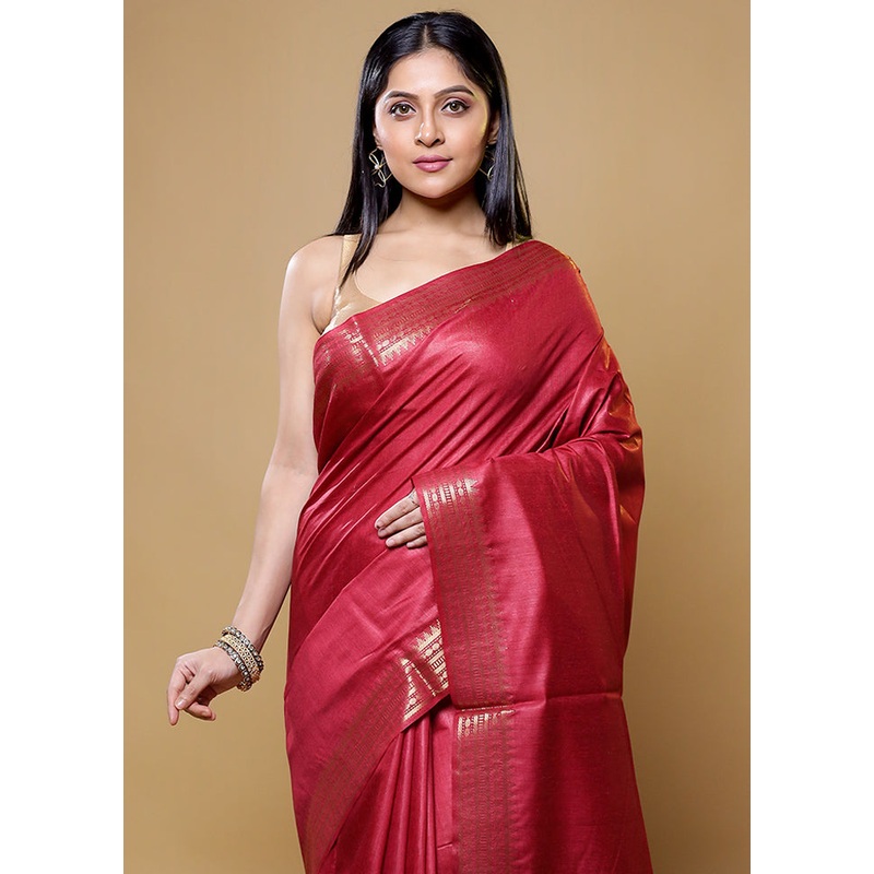 Red Tussar Silk Saree With Blouse Piece - JD986614923