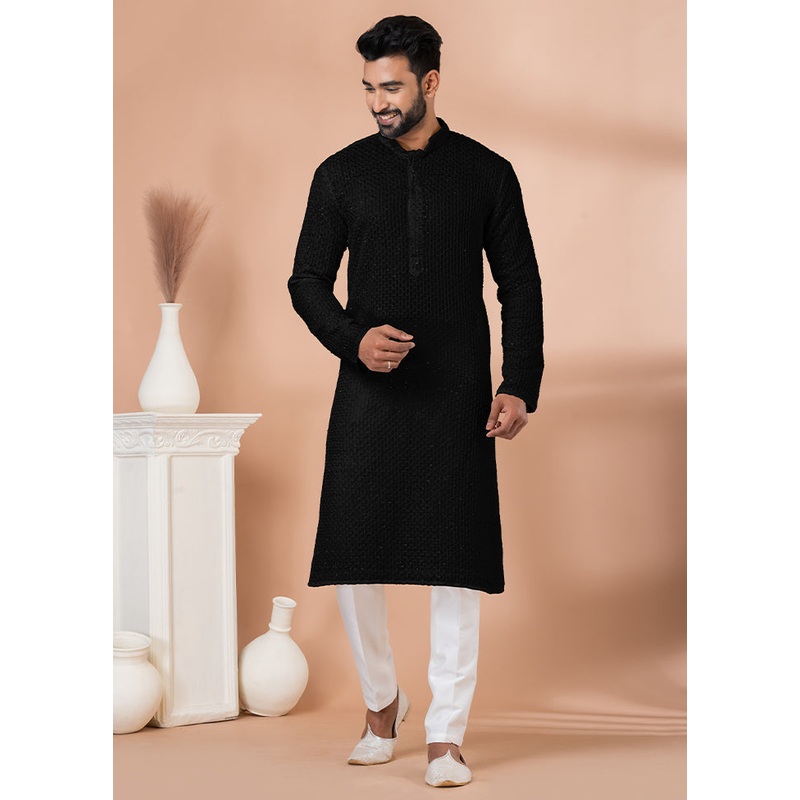 2 Pc Black Georgette Embroidery Kurta Pajama Set - JD986614841
