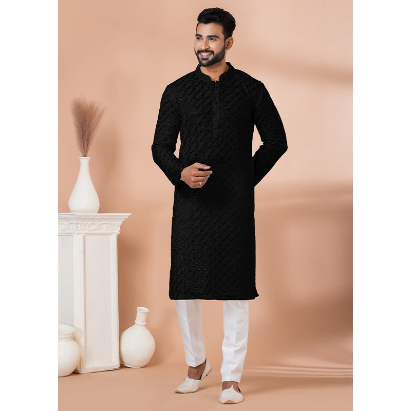 2 Pc Black Georgette Embroidery Kurta Pajama Set - JD986614842