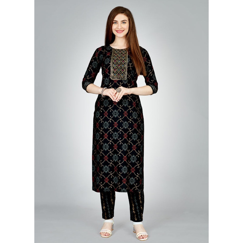 2 Pc Black Readymade Rayon Kurti Set - JD986614886