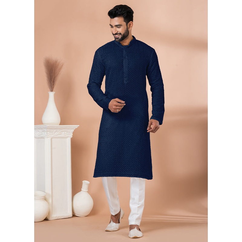 2 Pc Blue Georgette Embroidery Kurta Pajama Set - JD986614838