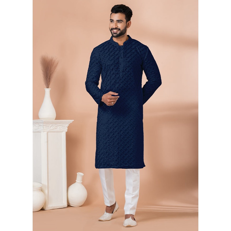 2 Pc Blue Georgette Embroidery Kurta Pajama Set - JD986614840