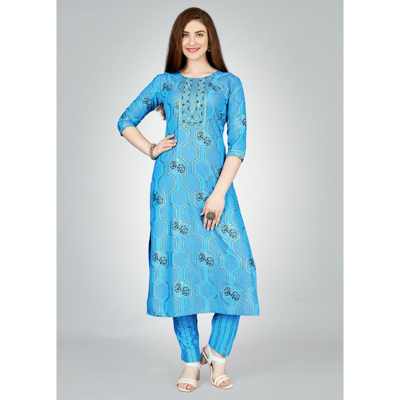 2 Pc Blue Readymade Rayon Kurti Set - JD986614884