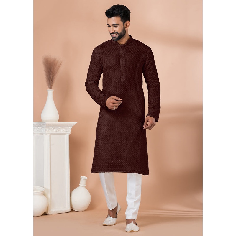 2 Pc Brown Georgette Embroidery Kurta Pajama Set - JD986614835