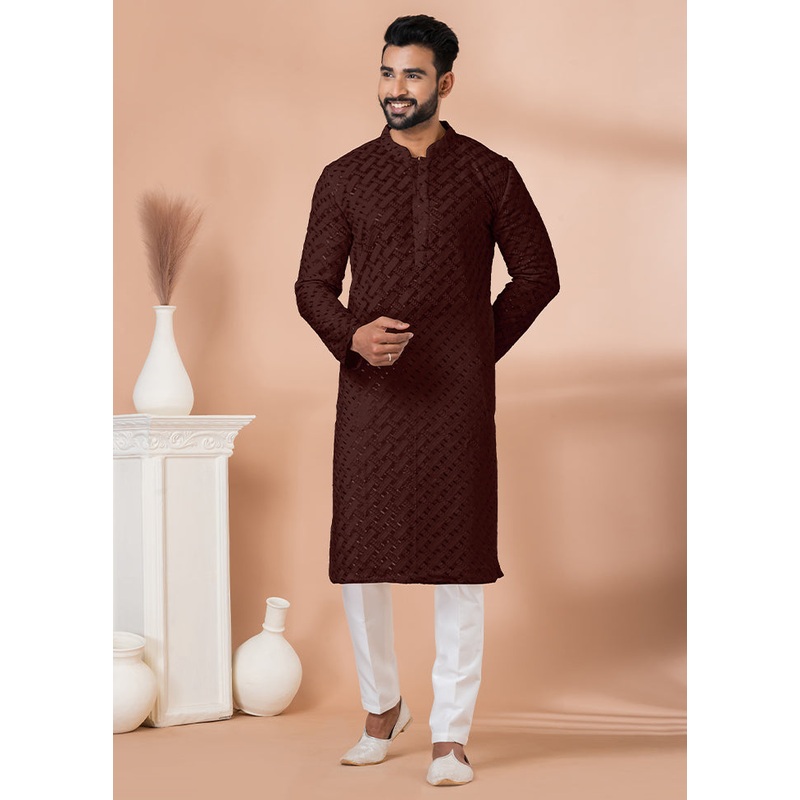 2 Pc Brown Georgette Embroidery Kurta Pajama Set - JD986614836
