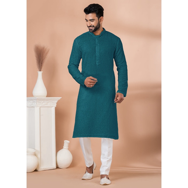 2 Pc Green Georgette Embroidery Kurta Pajama Set - JD986614833