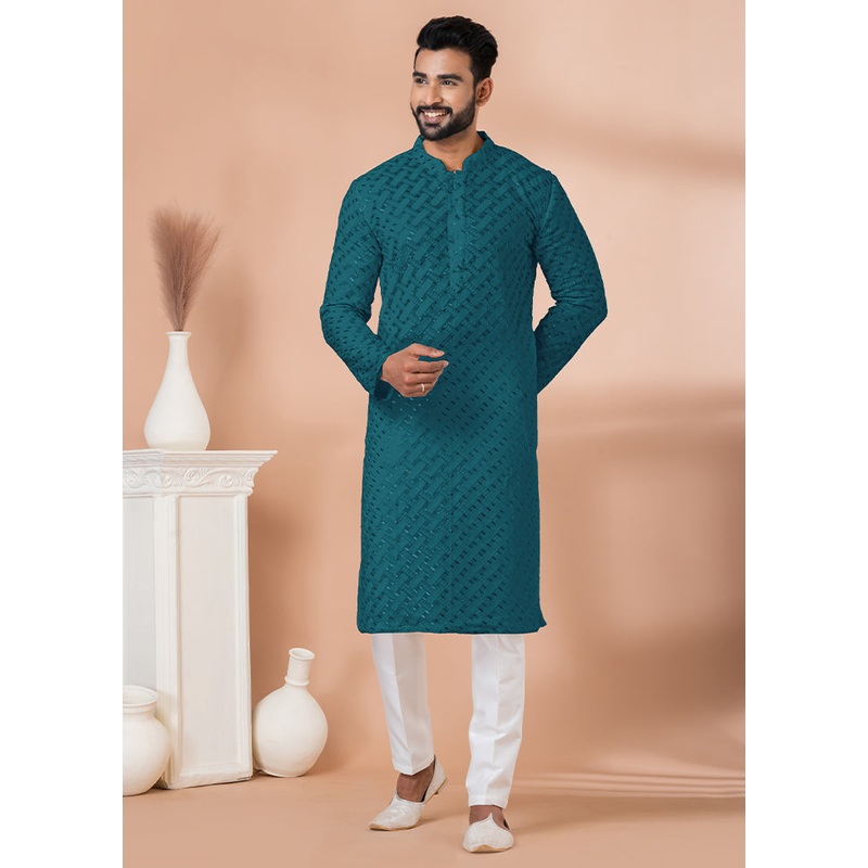 2 Pc Green Georgette Embroidery Kurta Pajama Set - JD986614834
