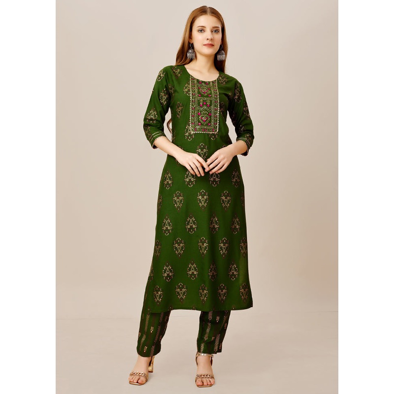 2 Pc Green Readymade Rayon Kurti Set - JD986614881