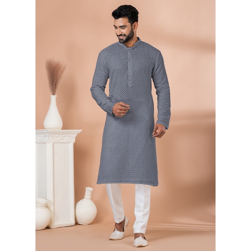 2 Pc Grey Georgette Embroidery Kurta Pajama Set - JD986614831