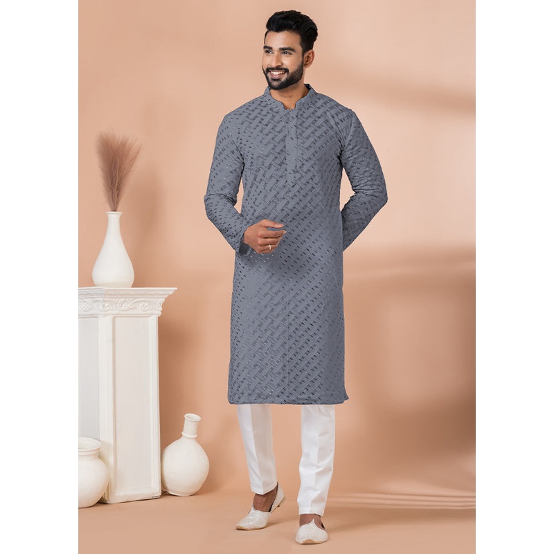 2 Pc Grey Georgette Embroidery Kurta Pajama Set - JD986614832
