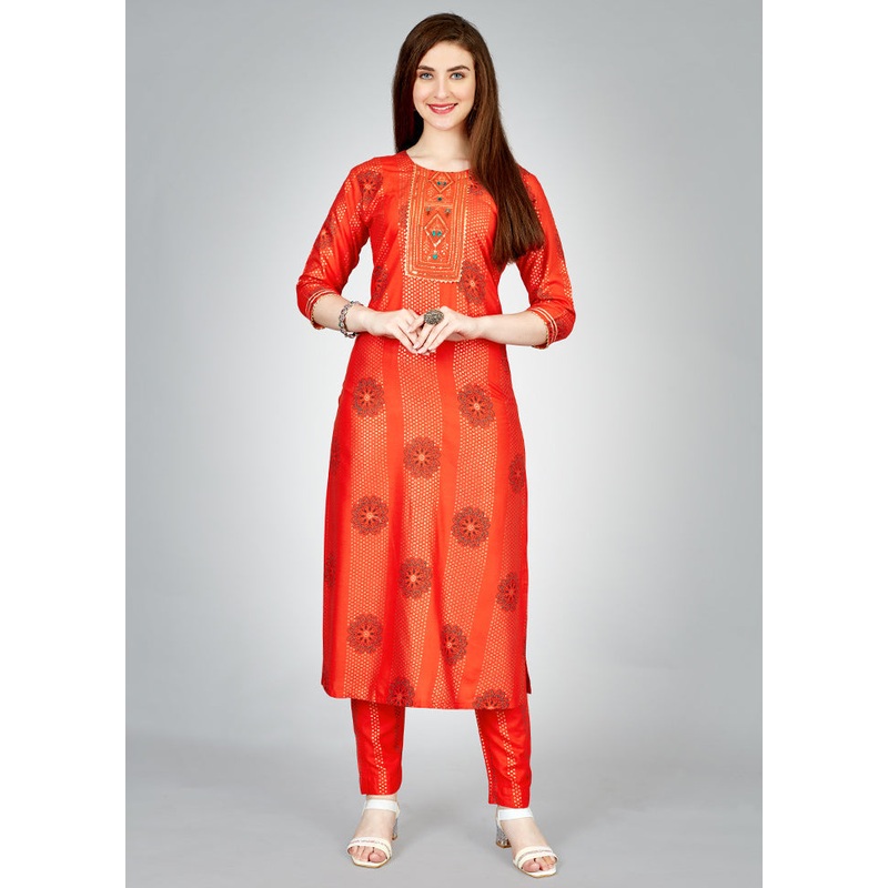 2 Pc Orange Readymade Rayon Kurti Set - JD986614880