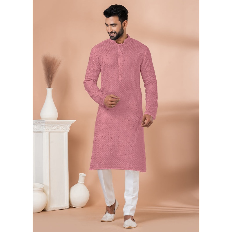 2 Pc Pink Georgette Embroidery Kurta Pajama Set - JD986614827