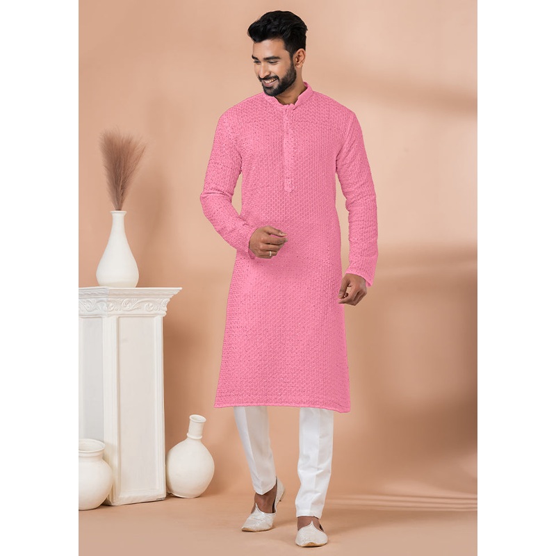 2 Pc Pink Georgette Embroidery Kurta Pajama Set - JD986614828