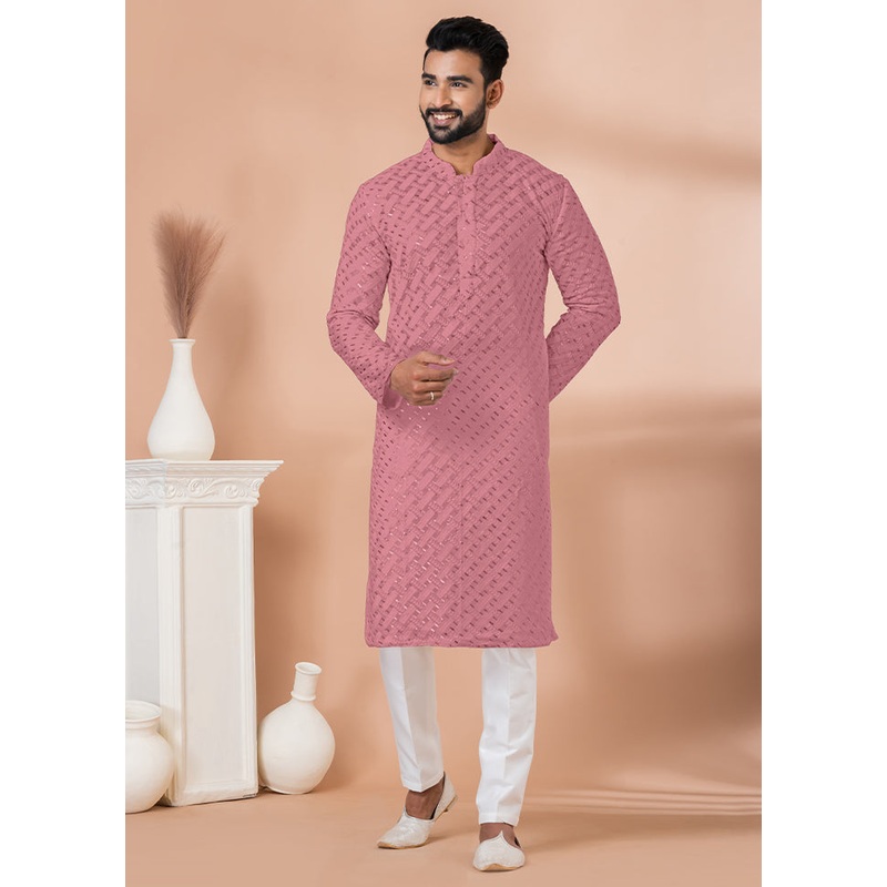 2 Pc Pink Georgette Embroidery Kurta Pajama Set - JD986614829