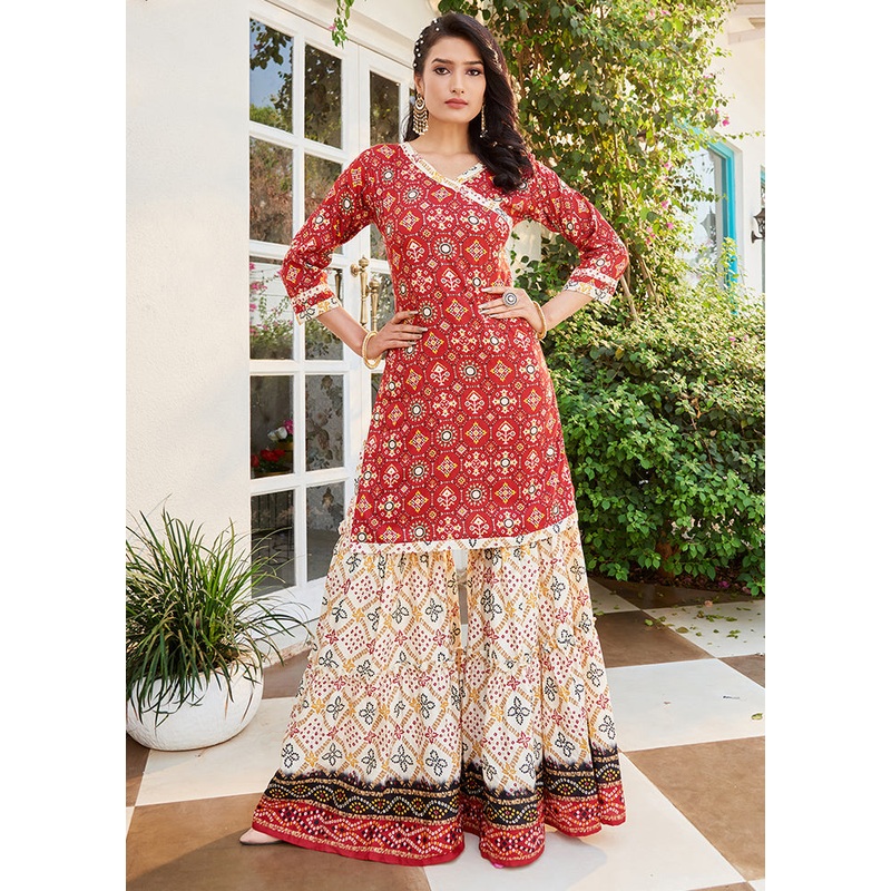 2 Pc Red Readymade Cotton Kurti Set - JD986614878
