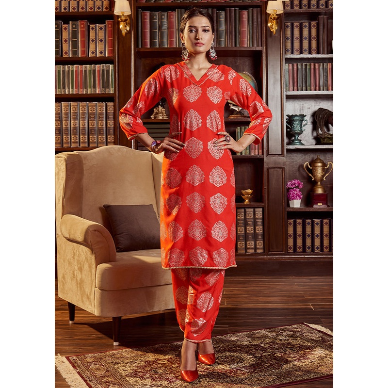 2 Pc Red Readymade Rayon Kurti Set - JD986614877