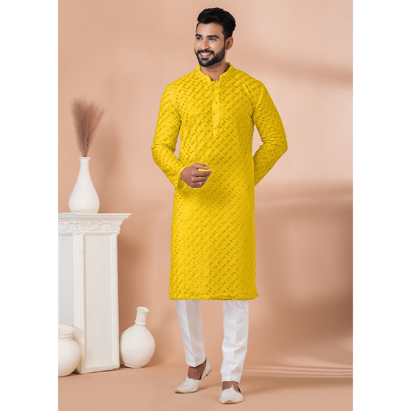 2 Pc Yellow Georgette Embroidery Kurta Pajama Set - JD986614826