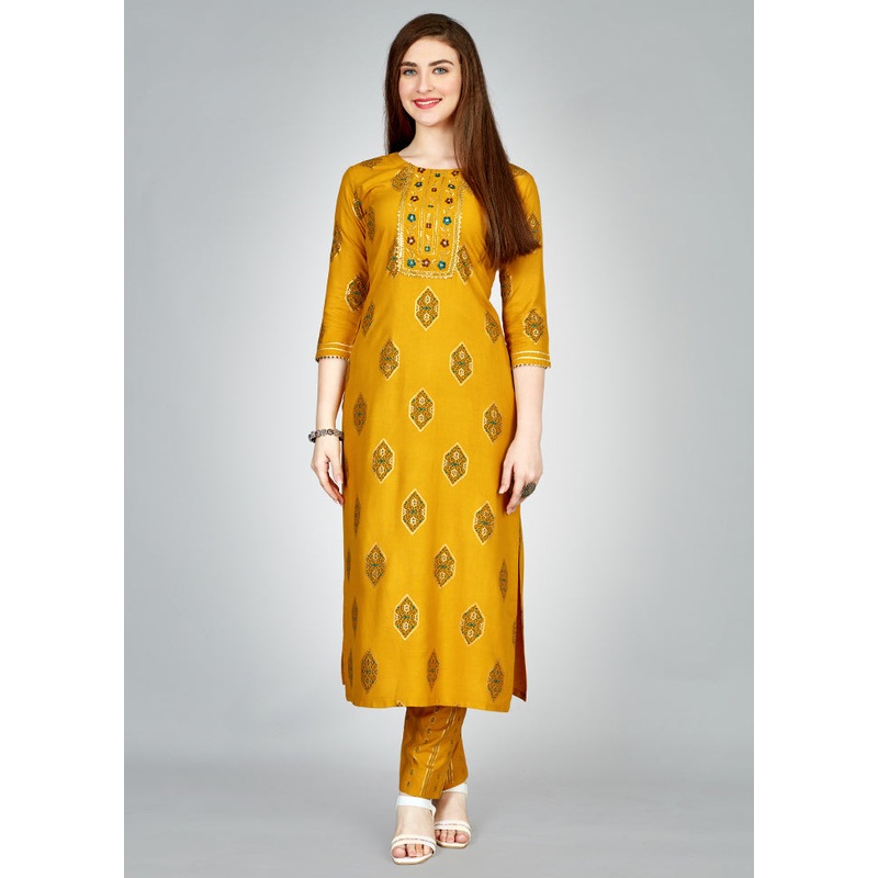 2 Pc Yellow Readymade Rayon Kurti Set - JD986614876