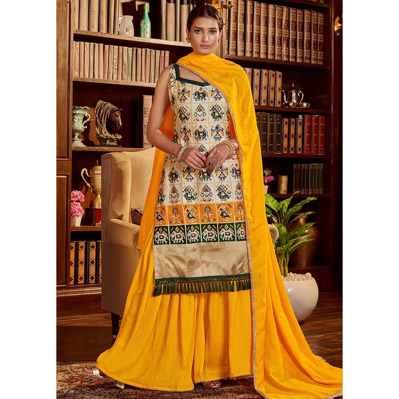 3 Pc Beige Readymade Cotton Dupatta Suit Set - JD986614874
