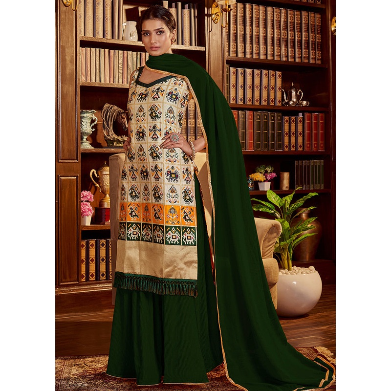 3 Pc Beige Readymade Cotton Dupatta Suit Set - JD986614875