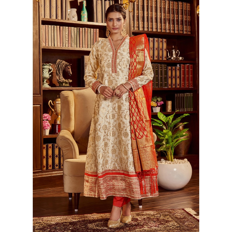 3 Pc Beige Readymade Silk Dupatta Suit Set - JD986614872