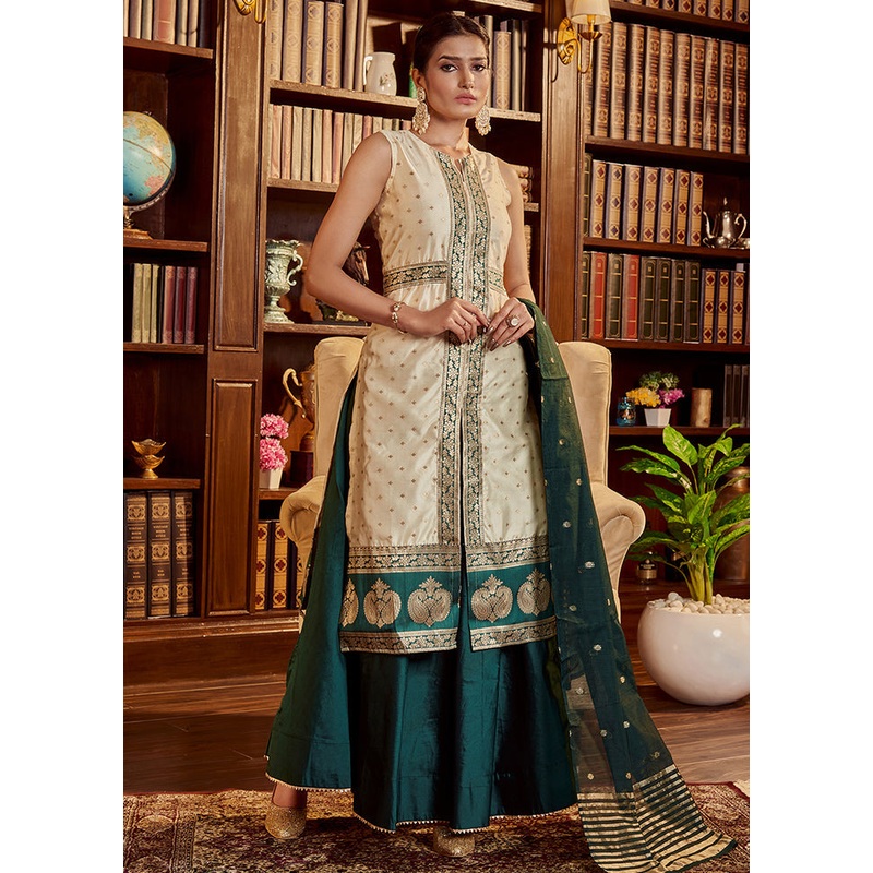 3 Pc Beige Readymade Silk Dupatta Suit Set - JD986614873