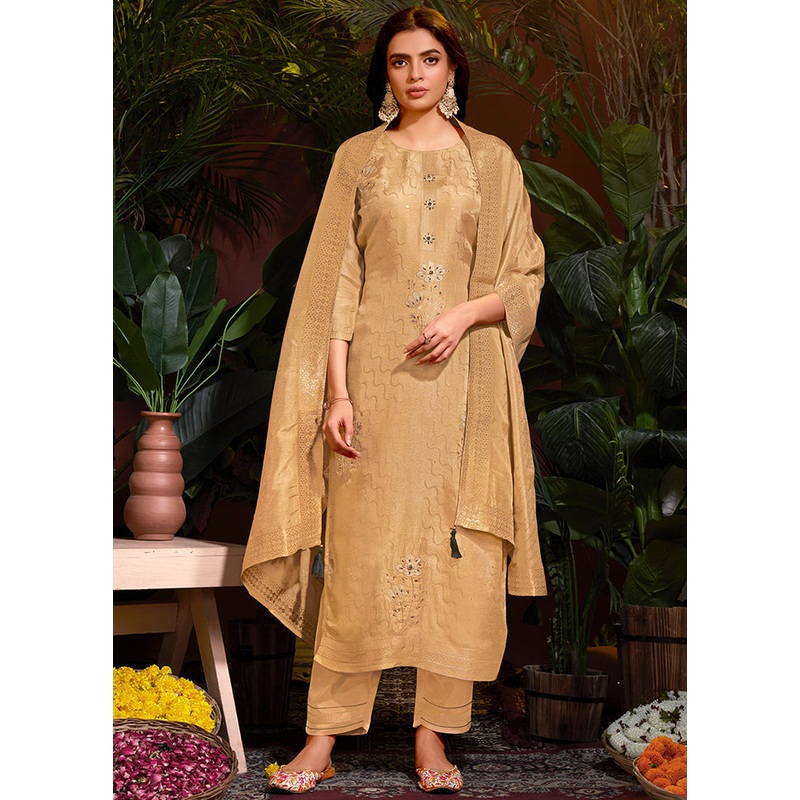 3 Pc Beige Readymade Viscose Dupatta Suit Set - JD986614871