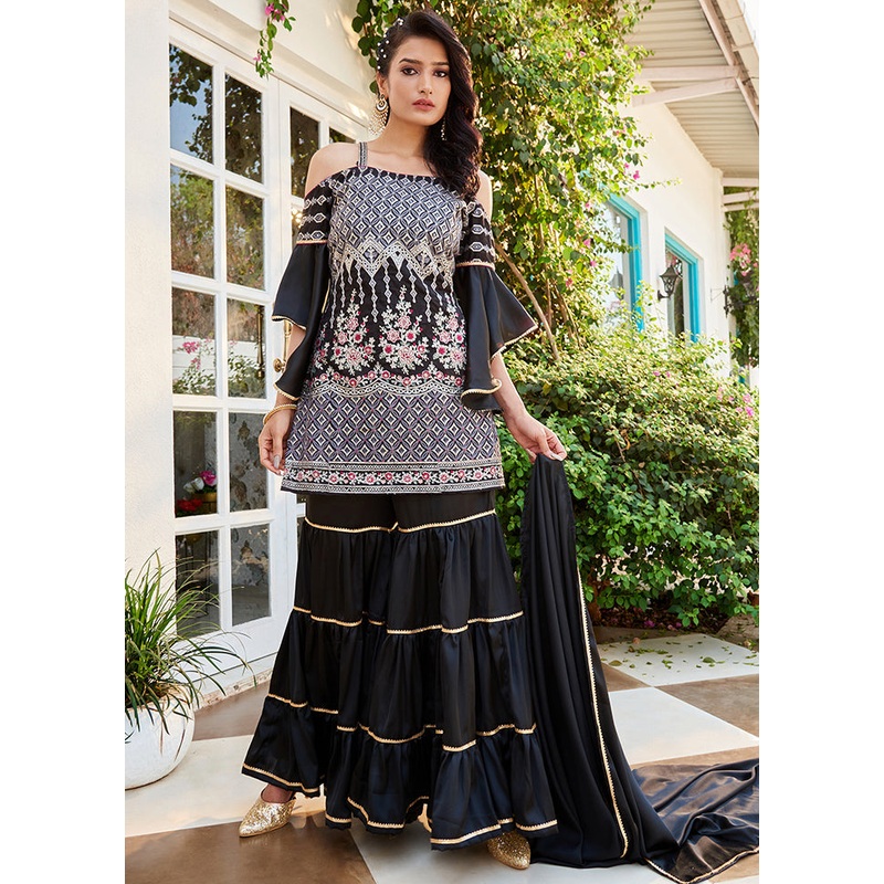 3 Pc Black Readymade Cotton Dupatta Suit Set - JD986614870