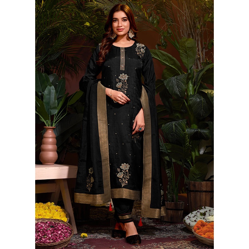 3 Pc Black Readymade Viscose Dupatta Suit Set - JD986614869